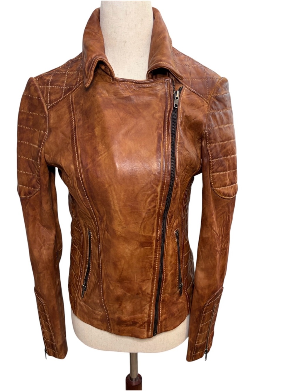 Scully Distressed Leather Moto Jacket - Cognac Brown